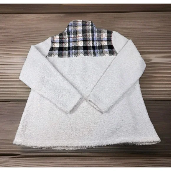 Vera Bradley Teddy Fleece Sweater Womens L White Quarter‎ Zip Plaid Quilted Top - Picture 2 of 12